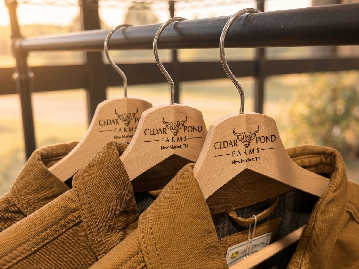 Three engraved Cedar Pond Farms wood hangers on a black rail, each holding a tan John Deere jacket, with a farm field glowing in the background