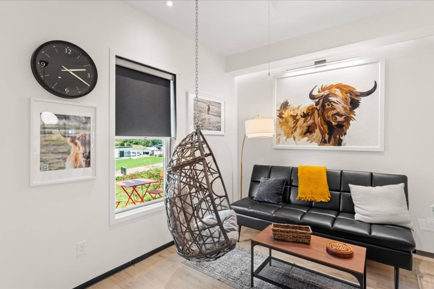 Inside Barndo 1A · North one-bedroom, a one-bedroom barndominium suite at Cedar Pond Farms — our fluffy Highland cow farm just outside the Smoky Mountains.